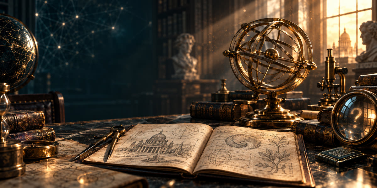 An antique brass armillary sphere in a sunlit study